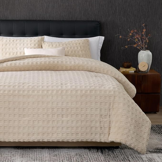 Amélie Home Waffle Comforter King Size Set, Khaki Fleece Beding Set, Fluffy Plush Bedding Set for Winter，Super Soft Warm,3 Pieces, 1 Cozy Comforter and 2 Pillowcases