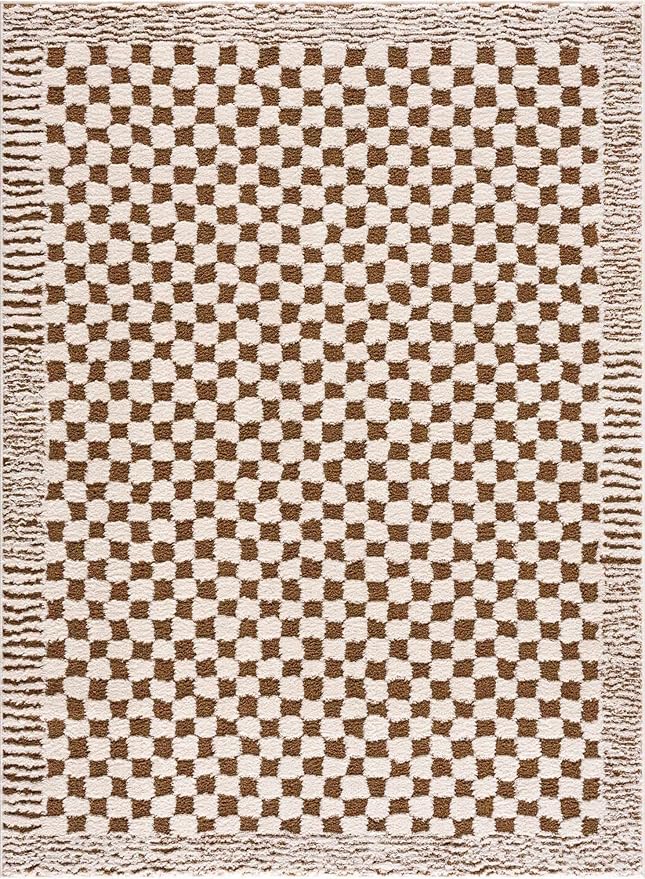 Hauteloom Leryn Living Room, Bedroom Area Rug - Checkered - High Pile - Bone - 6'7" x 9'