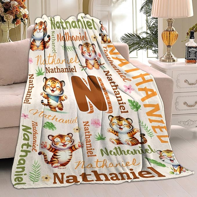 Personalized Custom Tiger Blanket Gifts for Kids Boys Girls with Name - Customized Tiger Super Soft Lightweight Flannel Sheets Decor for Crib Nap Couch - 90"x120" for Whole Family