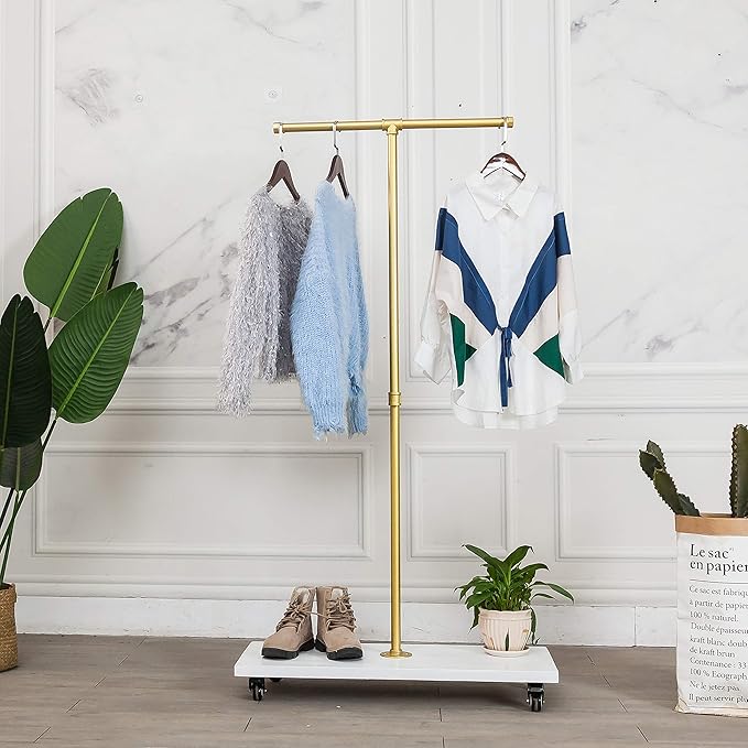 59"Tall,Gold, Industrial Pipe Coat Rack Stand,Rolling garment Rack for Hanging Clothes Retail Display,Free Standing Coat Rack,Hallway/Entryway Coat Hanger Stand for Clothes, Suits, Accessories