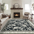 Boho Dining Room Rugs for Under Table 7x9 Washable Black Cream Beige Floral Design Sketch Style Area Rug for Living Room, Low Pile Non-Slip for Bedroom Under Bed Aesthetic Boho Farmhouse Decor