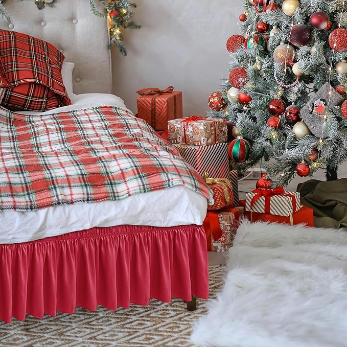 Biscaynebay Wrap Around Bed Skirts for Queen Beds with Short Drop of 12", Red Adjustable Elastic Dust Ruffles Easy Fit Wrinkle Resistant Silky Luxurious Fabric Machine Washable