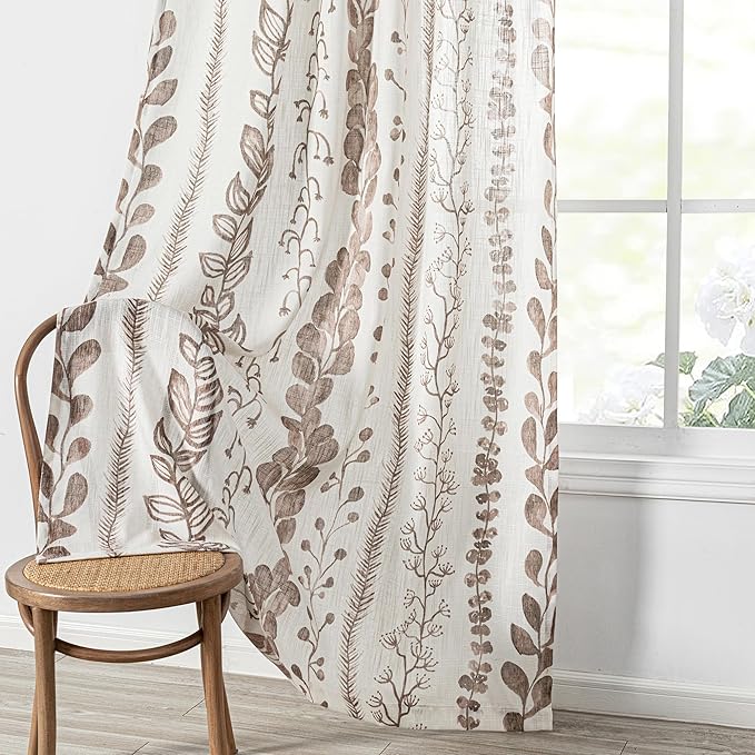 MEETSKY Brown Sheer Curtains 72 Inches Long 2 Panels Boho Curtains for Living Room Light Filtering Patterned Drapes for Bedroom Linen Style Back Tab Leaf Print Window Treatment