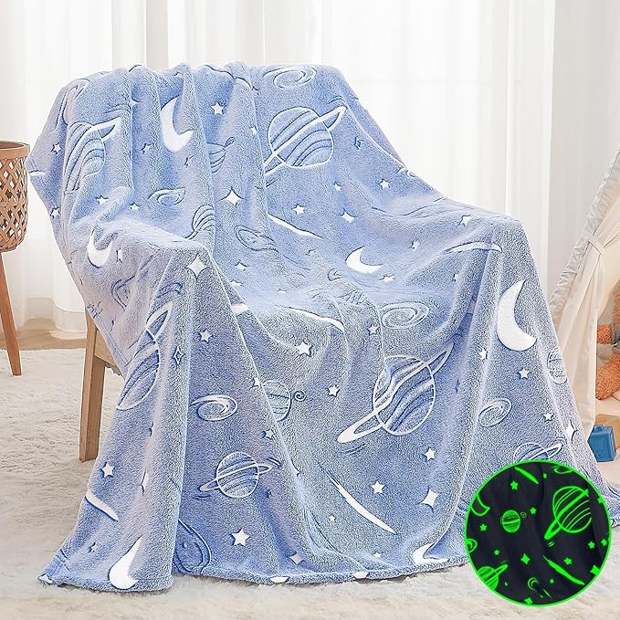 inhand Blue Space Toys Glow in the Dark Stars Blanket Birthday Gifts for Boys Cute Kids Blanket and Funny Space Planet Moon Galaxy Room Decor for Age 3 4 5 6 7 8 9 10 11 12 13 Year Old (40''x60''Blue)