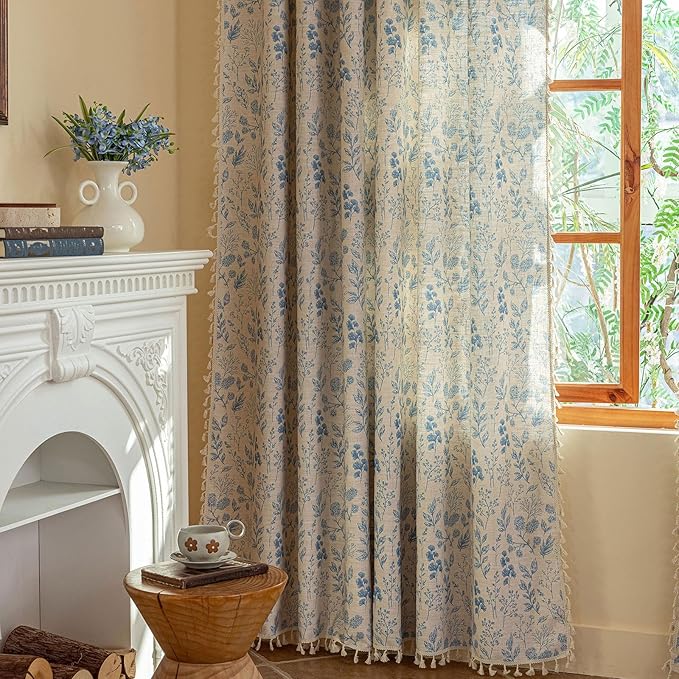 ENJOYBRIDAL Blue Floral Curtains 63 Inches Long 2 Panels Set Semi Sheer Living Room Drapes Boho Short Bedroom Farmhouse Window Curtain Panels Tassel Decorative Aesthetic Rod Pocket Window Treatments