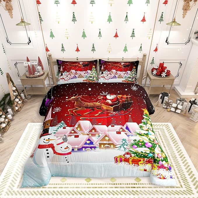 Manfei Christmas Comforter Set Queen Size, Snowman Xmas Tree Bedding Set 3pcs for Kids Boys Girls Room Decor, Santa Claus with Reindeer Quilt Set New Year Theme Duvet Set with 2 Pillowcases