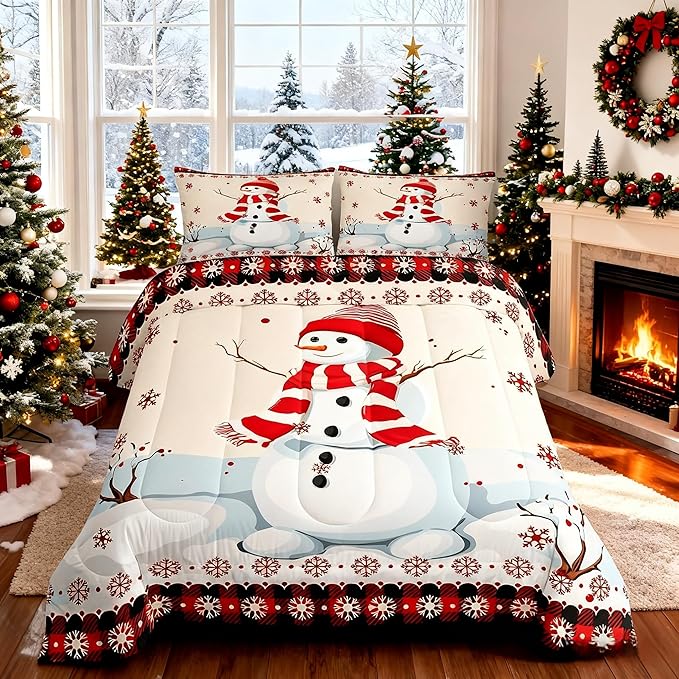 Kids Snowman Christmas Comforter Set Twin Size,Snowflake Romantic Bedding,Girls Boys Adults Bedroom/Xmas Cabin Decor,Geometric Grid Lattice Down Comforter,Rustic Farmhouse Duvet Insert,1 Pillowcase