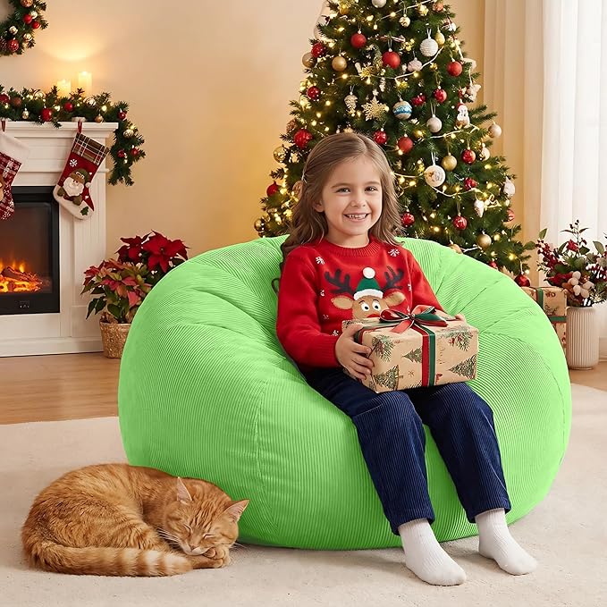 Nobildonna 3 ft Bean Bag Chair Cover (No Filler) 35"×43" Large Stuffed Animal Storage Bean Bag Washable Big Beanbag Chair Cover Premium Corduroy Bean Bag Cover for Adults,Kids,Fruit Green 300L
