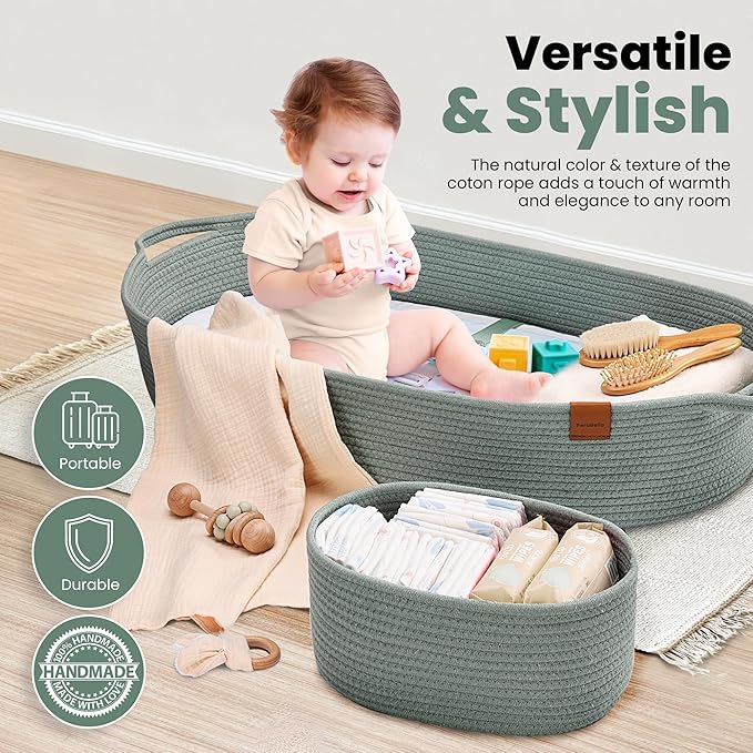 Baby Changing Basket for Baby Dresser, Moses Basket for Babies, Cotton Rope Diaper Changing Basket, Unisex Baby Moses Basket, Foam Diaper Changing Pad for Dresser, Changing Table Topper for Dresser