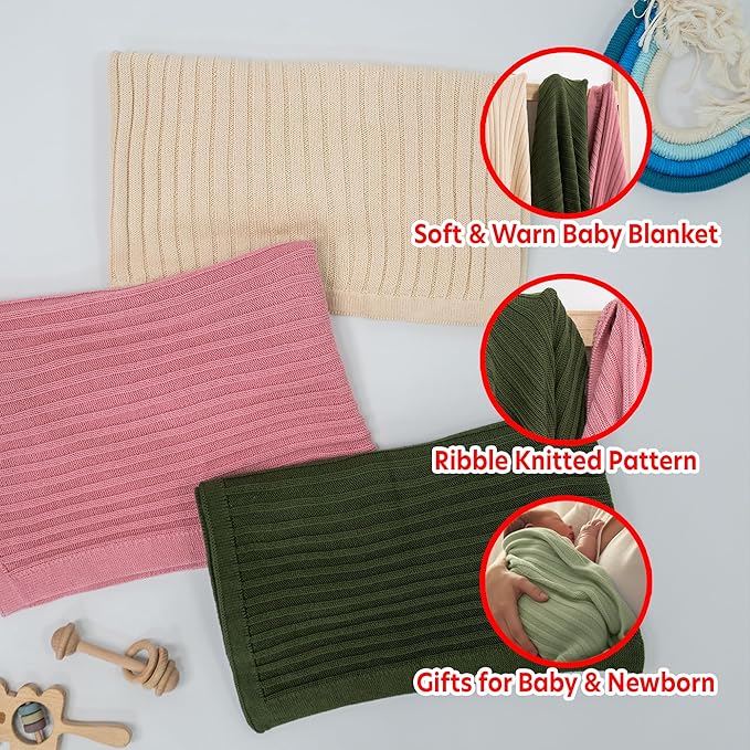 Baby Knit Blanket, 100% Cotton Ribble Patterns, Soft, Cozy, Lightweight Swaddle for Newborn & Infant Swaddling Beige Neutral, Perfect Baby Shower Ideas Sage Green 28x36