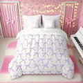 Manfei 7 Pieces Cartoon Bowknot Kids Comforter Queen Size,Bow Tie Fashion Princess Girls Bedding Set,Cute Bow Geometric Purple Romantic（Comforter+Fitted+Flat+2 Pillowcases+2 Throw Pillow Covers）