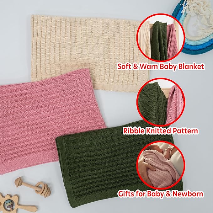Baby Knit Blanket, 100% Cotton Ribble Patterns, Soft, Cozy, Lightweight Swaddle for Newborn & Infant Swaddling Beige Neutral, Perfect Baby Shower Ideas Pink 30x30