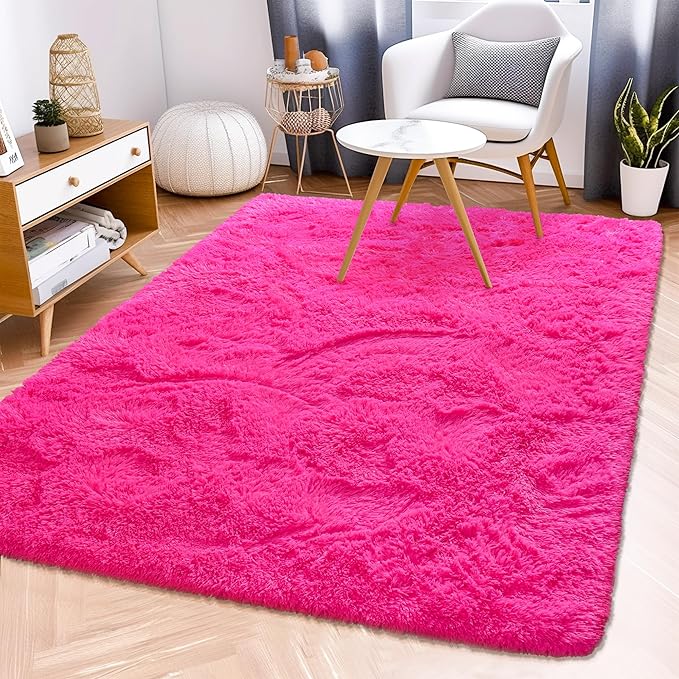 Fluffy Rug 2x3 Feet - Preppy Girls Fuzzy Rugs College Dorm - Small Cute Chair Rug Washable for Nursery- Hot Pink
