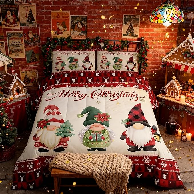 Merry Christmas Kids Comforter Set Twin Size,Deer Antler Santa Claus Bedding,Girls Boys Adults Bedroom/Xmas Cabin Decor,Snowflake Pine Trees Plaid Down Comforter,Rustic Duvet Insert,1 Pillowcase