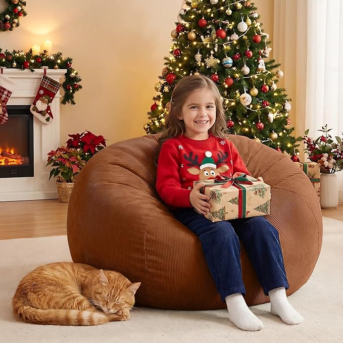 Nobildonna 3 ft Bean Bag Chair Cover (No Filler) 35"×43" Large Stuffed Animal Storage Bean Bag Washable Big Beanbag Chair Cover Premium Corduroy Bean Bag Cover for Adults,Kids,Orange Brown 300L