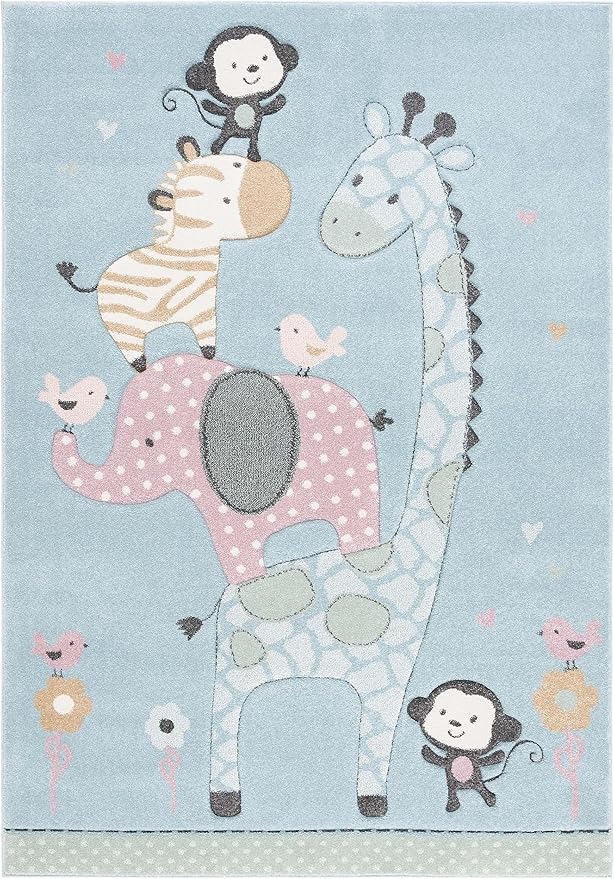 SAFAVIEH Carousel Kids Collection Area Rug - 6'7" x 9', Blue, Animal Design, Ideal for High Traffic Area for Boys & Girls in Playroom, Nursery, Bedroom (CRK120K-6)