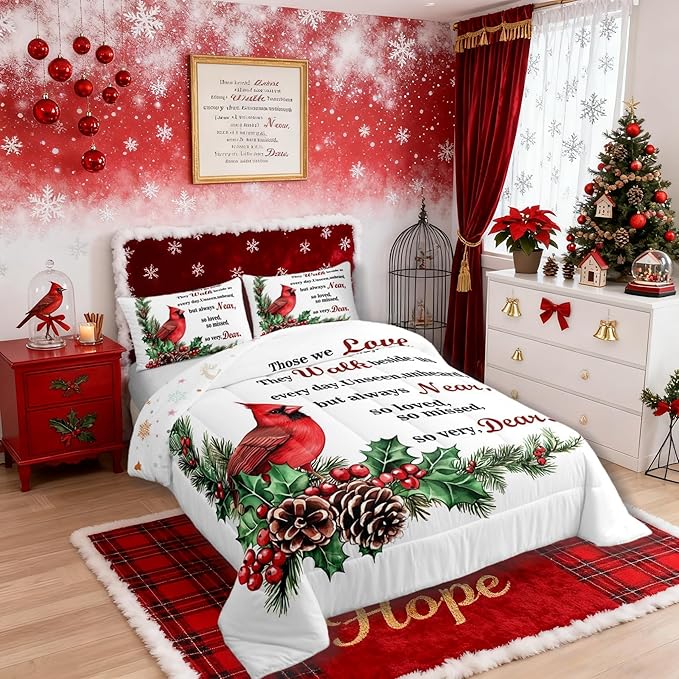 Red Cardinal Comforter Set Full Size,Christmas Birds Holly Pinecones Kids Bedding Set,Berries Poinsettia Rustic Animal Quilt Comforter,White Red Green Duvet Insert,2 Pillowcases