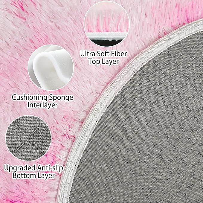 8 ft Large Fluffy Round Pink Area Rugs for Girls Bedroom, Colorful Soft Shaggy Circular Rug Plush Fluffy Circle Carpet Fuzzy for Nursery Baby Teen Room Playroom Cute Dorm Iving Room Home Decor