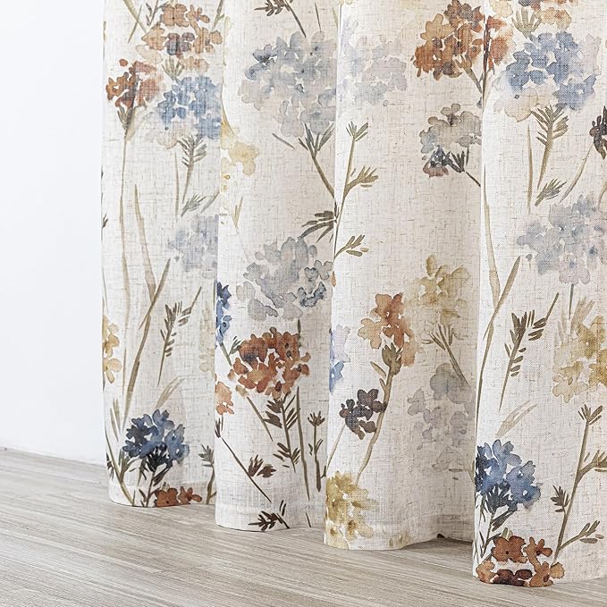 MYSKY HOME Floral Curtains 80 inch for Living Room Bedroom Linen Semi Sheer Light Filtering Privacy Protect Drapes Flower Print Farmhouse Soft Touch for Dining Room, Yellow, 52" Wide, Pack-2