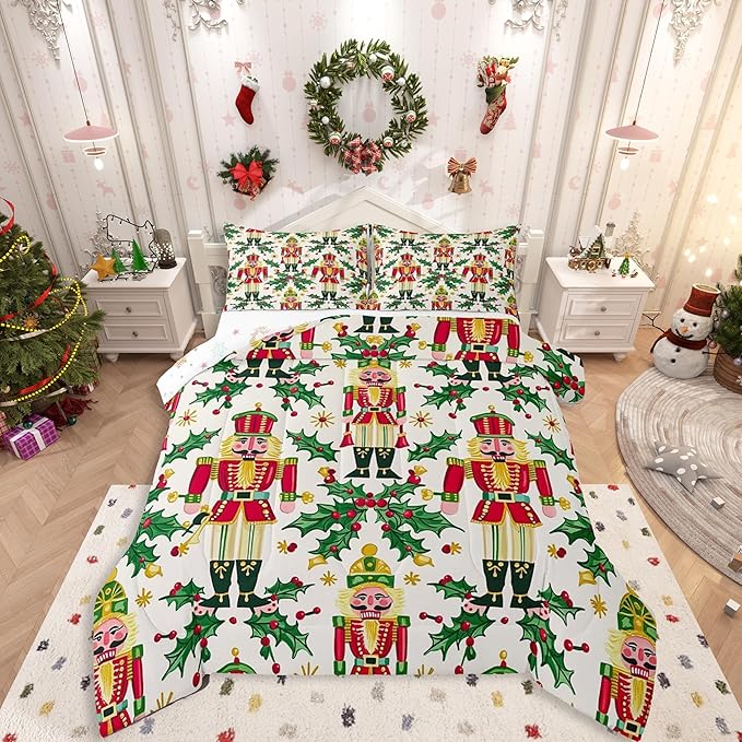 Feelyou Merry Christmas Bedding Set Soft for Boys Girls, Nutcracker Comforter Set Queen Size Holly Leaves Duvet Quilt Microfiber Red Berries Bedroom Decor 3 Pcs with 2 Pillow Cases