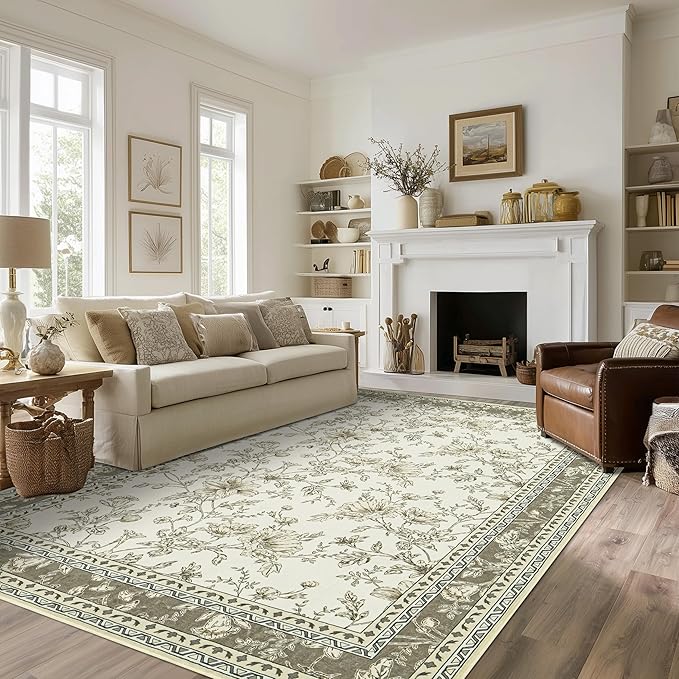 Boho Dining Room Rugs for Under Table 7x9 Washable Taupe Cream Beige Tan Floral Design Sketch Style Area Rug for Living Room, Low Pile Non-Slip for Bedroom Under Bed Aesthetic Boho Farmhouse Decor