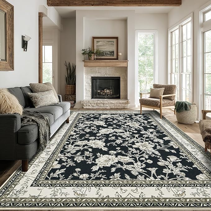 Black Floral Area Rugs 6x9 Living Room, Black with Cream Beige Taupe Flower Design Low-Pile Washable Rugs for Bedroom Dining Room, Vintage Modern Farmhouse Boho Indoor Floor Carpet Kids Playroom
