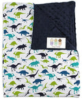 Baby Blanket - Blue and Green Dinosaurs on White with Navy Blue Minky Dot