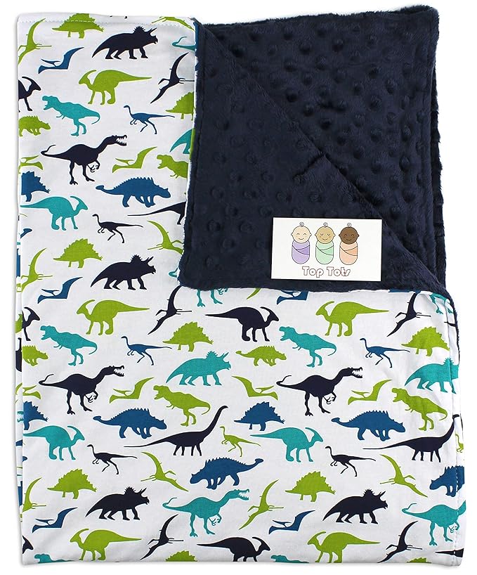 Baby Blanket - Blue and Green Dinosaurs on White with Navy Blue Minky Dot