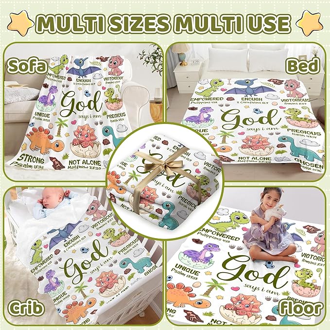 Bible Verse Blanket, Christian Gifts, God Says I am Print Dinosaur Blankets, Meaningful Thoughtful Religious Baptism Gift for Son,Dinosaur Lovers Room Bed Decoration, 60"x80"