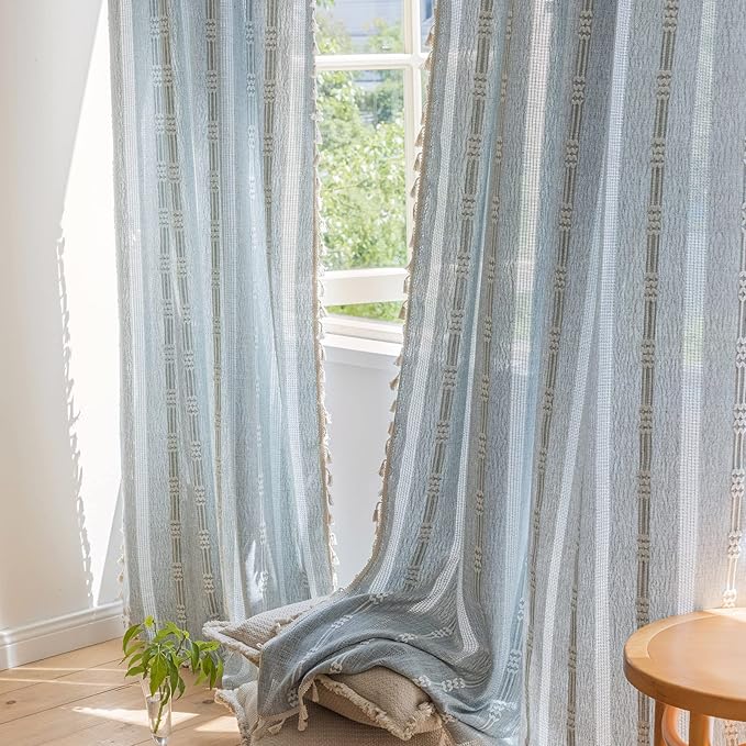 ENJOYBRIDAL Boho Curtains 84 Inch Length 2 Panels Semi Sheer Blue Grey Drapes Embroidered Tassel Rod Pocket Hollow Out Window Curtain Panels Farmhouse Window Treatment for Bedroom Living Room