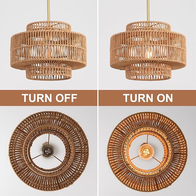 12.4”Boho Rattan Chandelier for Dining Room, 1-Light Hand Woven Pendant Light Fixture Farmhouse Rustic Ceiling Hanging for Kitchen Island Bedroom Living Room Nursery Foyer