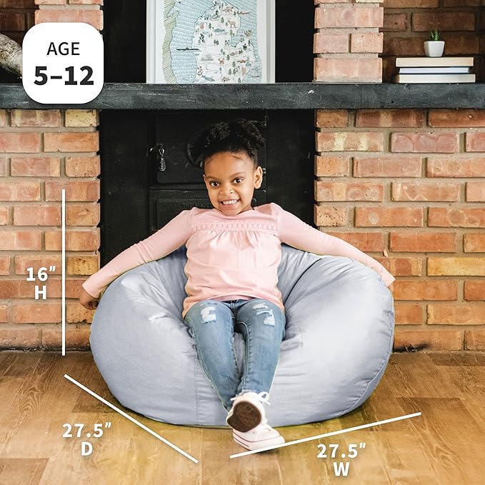 Big Joe Classic Bean Bag Chair for Kids Bedroom and Reading Nook, Easy-Clean Gray, Durable Nylon Polyester Blend, 2 feet Refillable