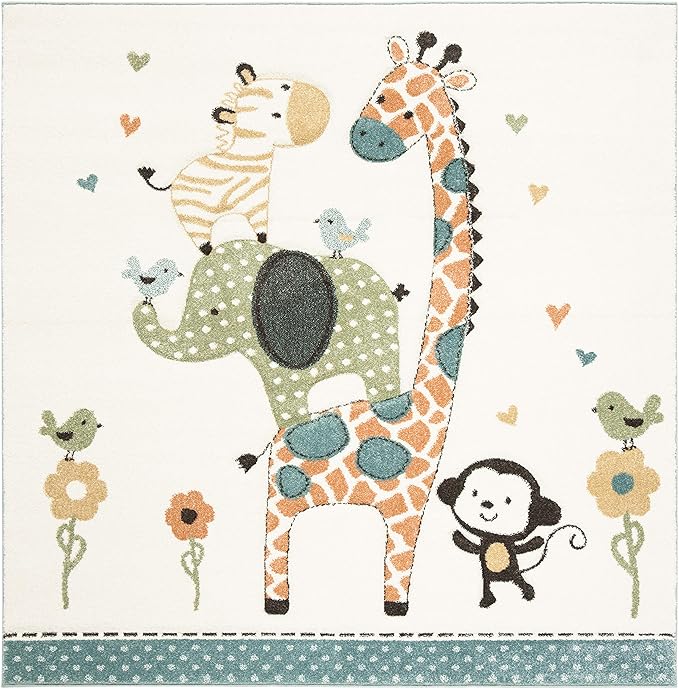 SAFAVIEH Carousel Kids Collection Area Rug - 4' Square, Ivory, Animal Design, Non-Shedding & Easy Care, Ideal for High Traffic Areas for Boys & Girls in Playroom, Nursery, Bedroom (CRK120A)