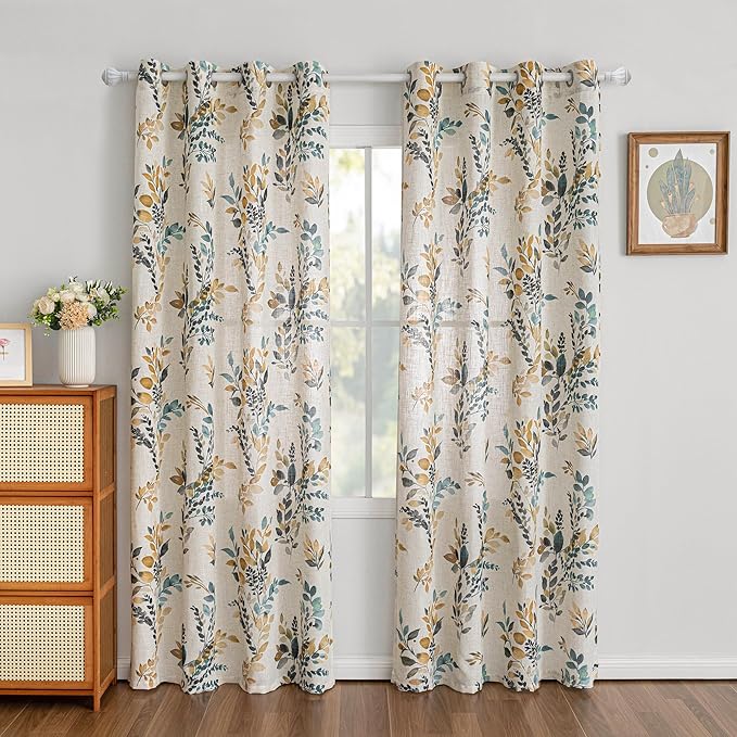 MYSKY HOME Curtains for Living Room Semi Sheer 84 inch Length Light Filtering Privacy Protect Drapes Set Linen Blended Texture Soft Touch Leaves Pattern Treatment, 52" Wide, Yellow and Blue, 2 Panels