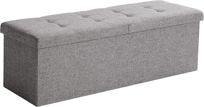 Cuyoca 45.3 Inches Foldable Seat Footrest Shoe Bench End of Bed Storage with Flipping Lid, 166L Upholstered Tufted Bench, Linen Fabric Grey