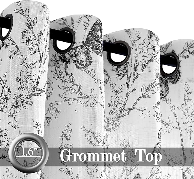 Jubilantex Butterfly Leaf Semi Sheer Curtains 84" L Curtain Panels for Kids Bedroom,Black Print on White Light Filtering Window Drapes,Grommet Top