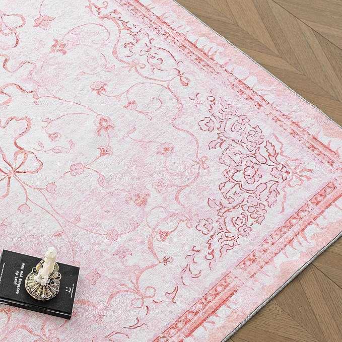 Pink Area Rugs for Bedroom Nursery 6x9 - Teen Girls Coquette Cute Room Decor Aesthetic Washable Vintage Cottage Core Floral Bow Dorm Rug for College Playroom