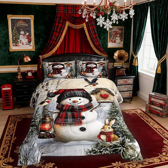 Kawaii Snowman Girls Bedding Set Twin Size,Rabbit Bird Winter Poinsettia Comforter Set,Pine Tree Xmas Animal Snowflake Quilt Comforter Girls Boys Teens,Gray Green Room Decor All Season,1 Pillowcase