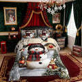 Kawaii Snowman Kids Bedding Set King Size,Rabbit Bird Winter Poinsettia Comforter Set,Pine Tree Xmas Animal Snowflake Quilt Comforter,Gray Green Bedroom Duvet Insert,2 Pillowcases