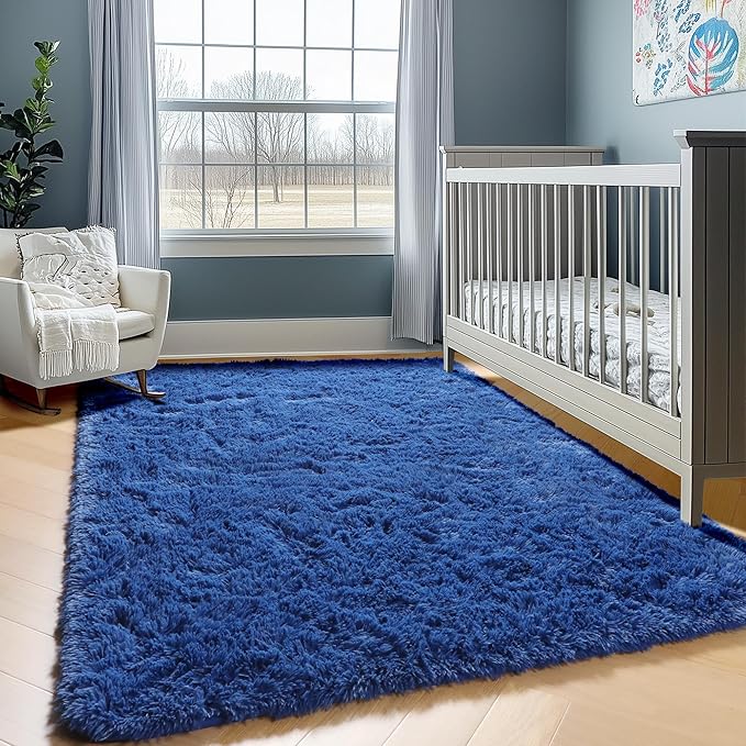 ONASAR Navy Blue Area Rugs for Living Room Bedroom, 5x8 Fluffy Bedside Rug, Washable Soft Plush Fuzzy Shaggy Indoor Floor Carpets for Nursery Kids Boys Girls Men Teen Playroom Home Decor Aesthetic
