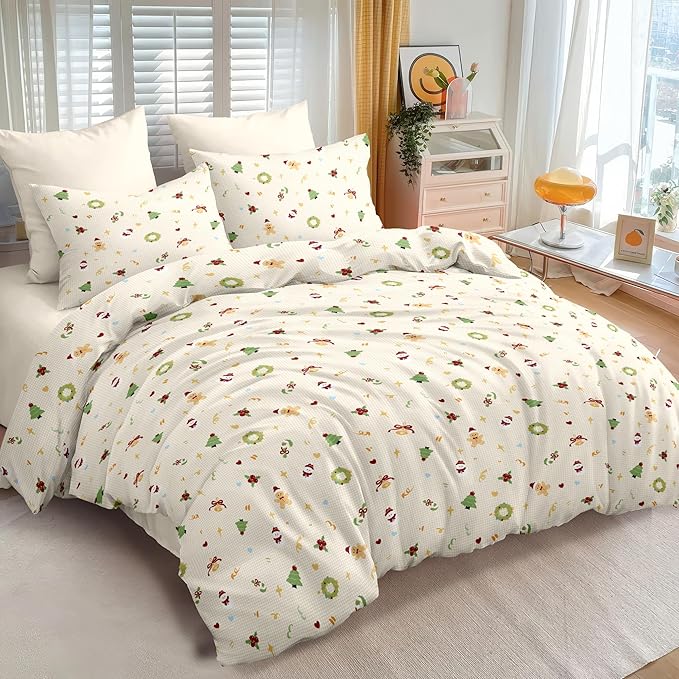 Christmas Duvet Cover King Size Gingham Red Bow Christmas Tree Bedding Set Kids Boys Girls Plaid Heart Xmas Holiday Reversible Comforter Cover 3 Pieces with Zipper Closure (No Comforter)