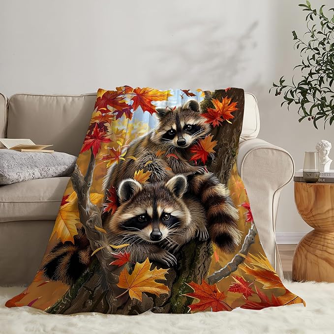 Raccoon Blanket Funny Raccoons Gifts for Girls Boys Woman Kids Raccoon Lover Maple Leaf Throw Blankets Soft Blanket Warm Fleece Flannel Plush Blankets for Bed Sofa Couch 40"x50"