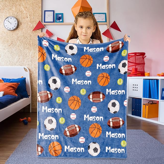 Personalized Ball Blanket with Name for Boys, Custom Kids Ball, Soft Flannel Toddler Customized Gift Birthday Christmas Baby Shower Newborn 30'' X 40'', 6-balls-blue