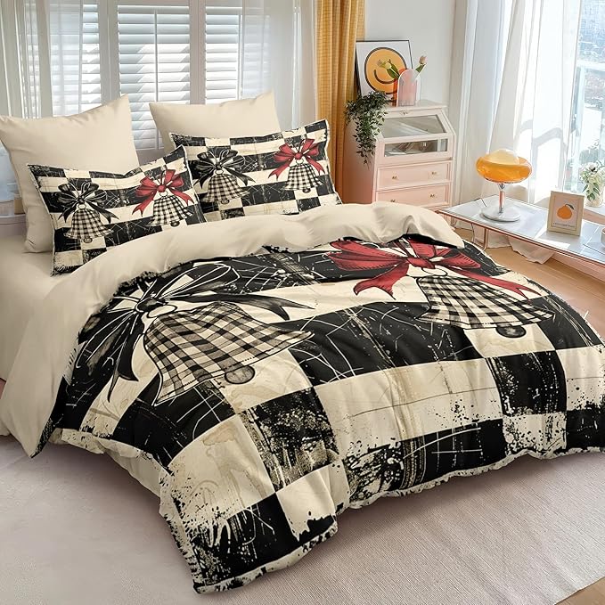 Christmas Duvet Cover King Size Retro Christmas Bell Gingham Bedding Set 3 Pieces Kids Boys Girls Xmas Happy Holiday Checked Pattern Comforter Cover with Zipper Closure