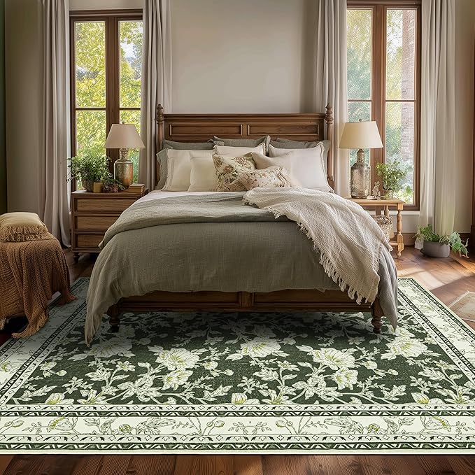 Olive Green Floral Print Area Rugs for Bedroom Living Room Boho Farmhouse Country Rustic Dining Room Carpet Soft Washable Rugs Non Slip Floor Covering for Nursery Playroom 10x14