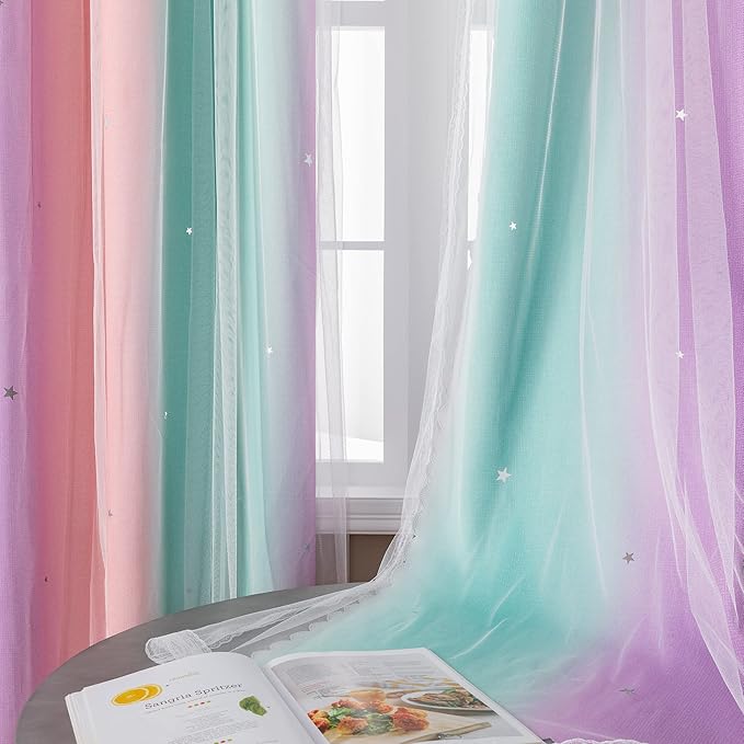 XiDi Blackout Curtains for Girls Bedroom Kids Room Unicorn Wall Decor Ombre Curtain Princess Theme Home Decor 72 inches Length Colorful Rainbow Design 52 Wide 2 Panel Sets Pink/Purple/Green