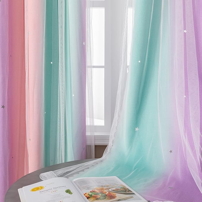 XiDi Blackout Curtains for 84 inches Long, Girls Bedroom Decro, Window Ombre Curtains 2 Panel Sets, Kids Room Unicorn Princess Theme Home Decor Colorful Rainbow Design Pink/Purple/Green