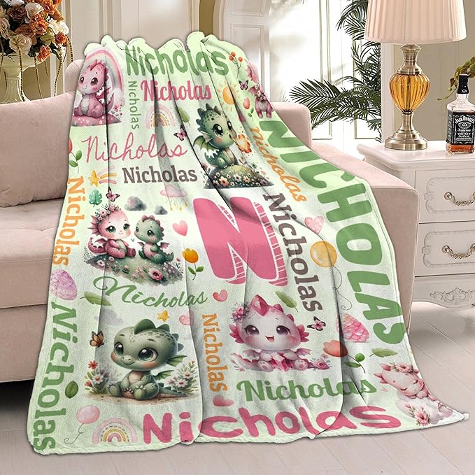 Personalized Custom Dragon Floral Blanket Gifts for Kids Boys Girls with Name - Customized Dragon Floral Super Soft Lightweight Flannel Sheets Decor for Crib Nap Couch - 60"x80" for Adult