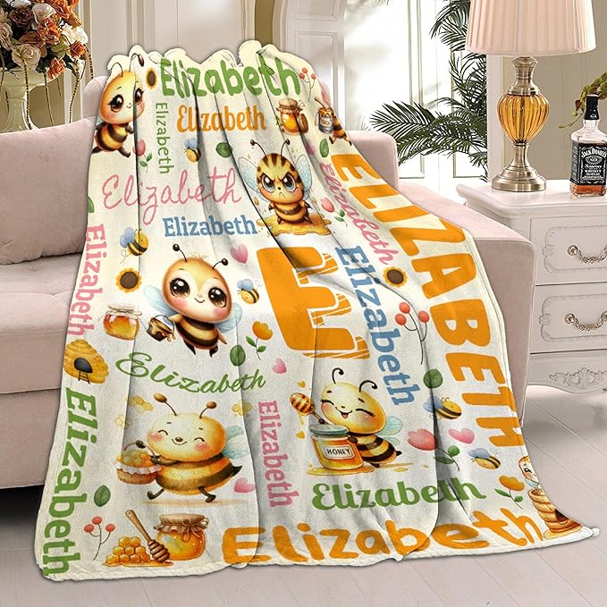 Personalized Custom Honey Bee Preschool Blanket Gifts for Baby Toddler Kids Boys Girls - Customized Honey Bee Super Soft Lightweight Flannel Sheets Decor for Crib Nap Couch - 40"x50" for Kids/Children