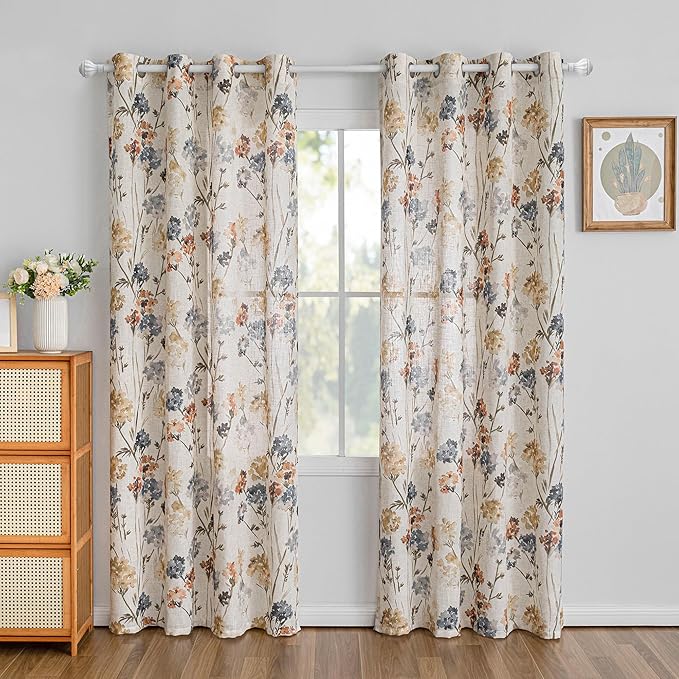 MYSKY HOME Floral Linen Curtains 84 inch Length 2 Panels Set Flower Patterned Semi Sheer Light Filtering Privacy Farmhouse Grommet Drapes for Living/Dining Room, Yellow, W52 x L84, Pack-2